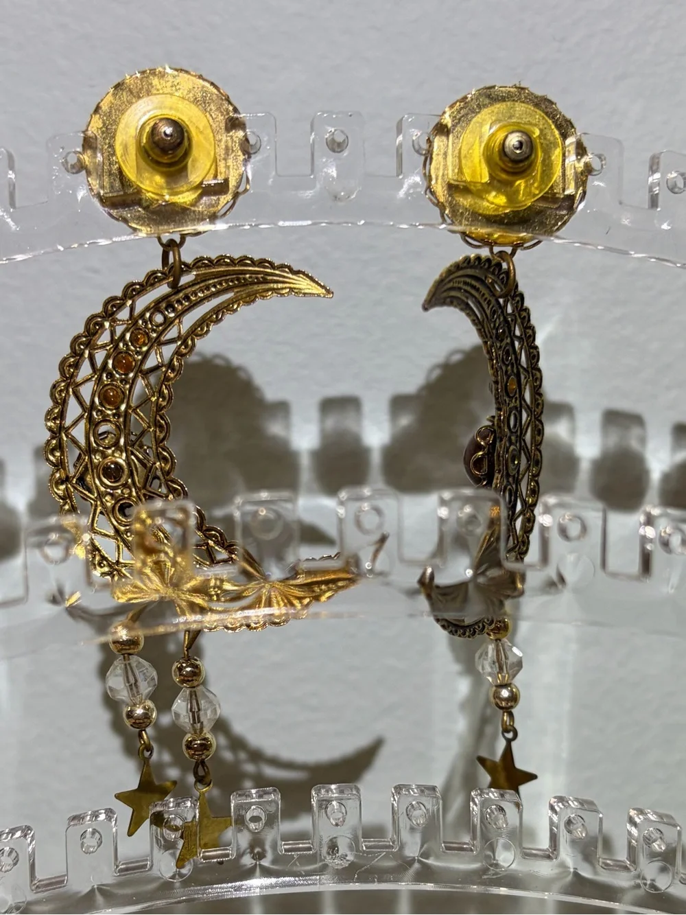 1986 Vintage Leigh LeCocq  Gold Tone Bronze Star & Half Moon Drop Hoop Earrings